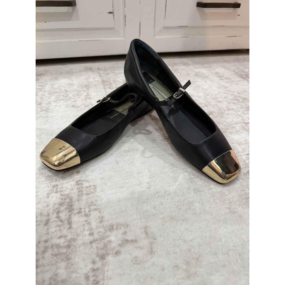 Dolce Vita Reyes Black Leather Gold Cap Toe Mary Jane Ballet Flats Size 10
